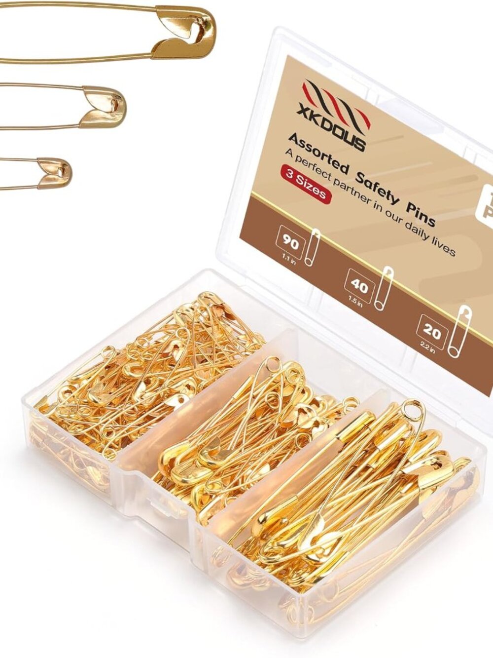 150 Pack Safety Pins for Clothes 3 Universal Assorted Sizes, Gold